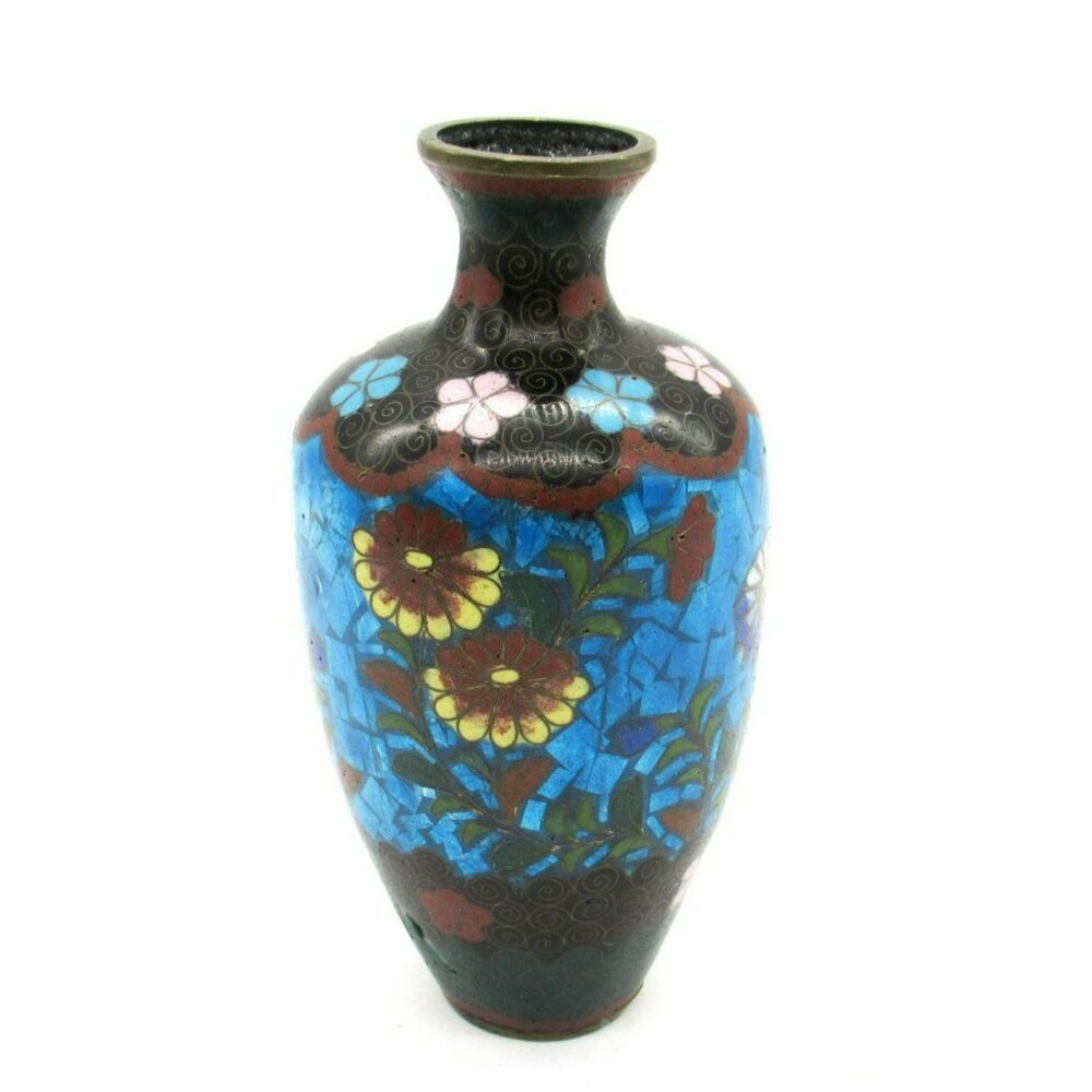 Japanese Cloisonné Vase Blue Floral Butterfly Design 5" Enamel & Brass